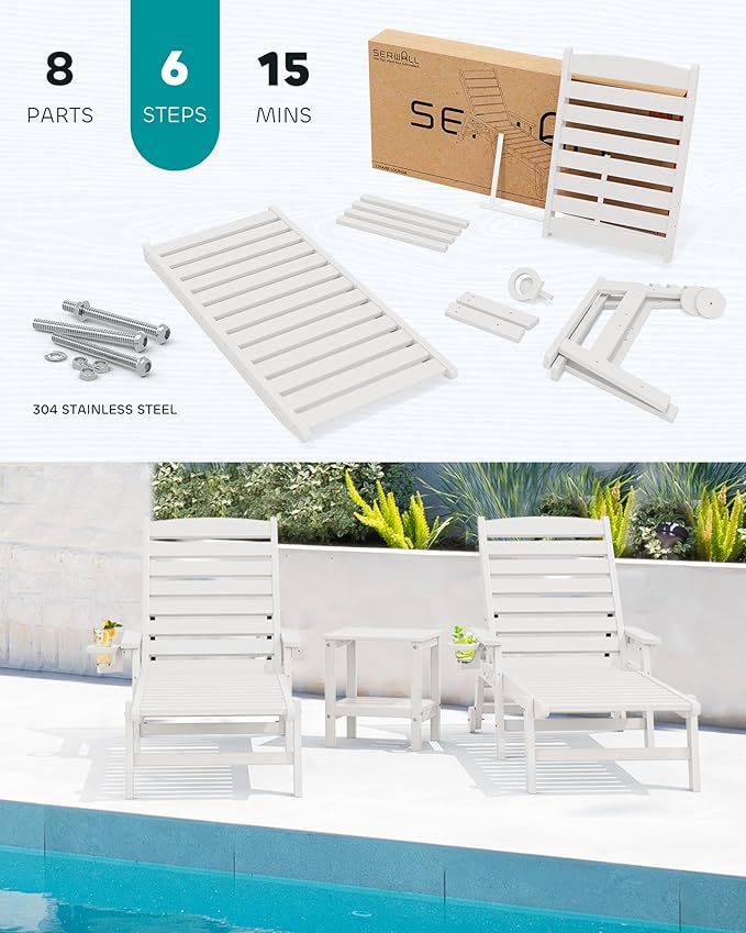 SERWALL Patio Chaise Lounge Chair, 78'' Long HDPE 5 Positions Adjustable Outdoor Lounger - Photo 7