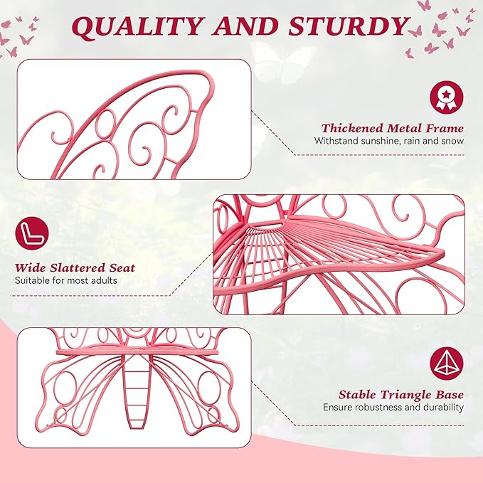 49 Inch Outdoor Bench, Pink Garden Bench with Metal Frame, Weatherproof Butterfly Front Porch Benches for Lawn, Garden, Yard, Balcony