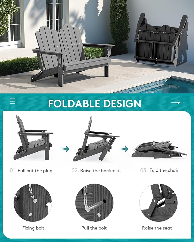 SERWALL Adirondack Bench, HDPE All-Weather Adirondack Loveseat, Outdoor Adirondack Chair for 2, Grey - Photo 5