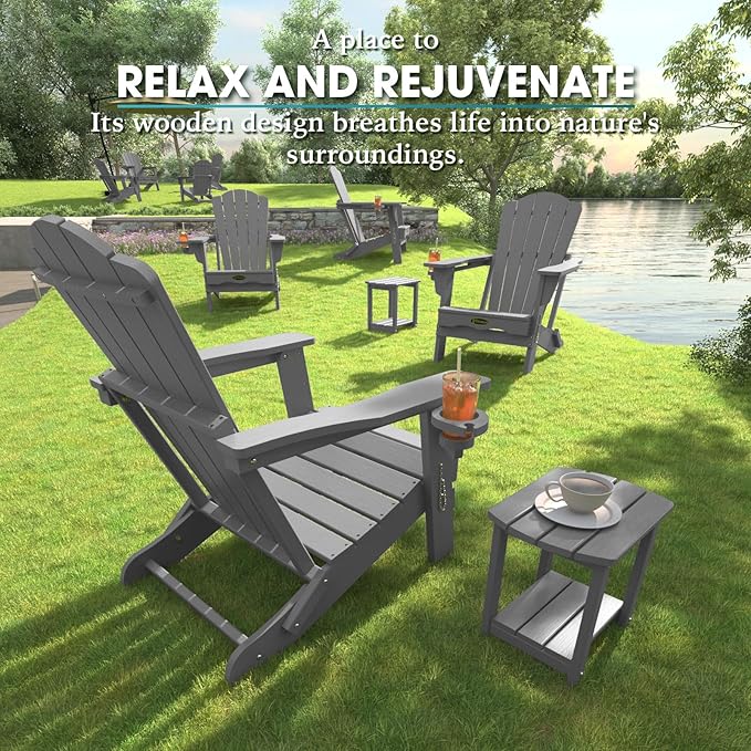 Folding Adirondack Chair, HDPE All-Weather Outdoor Chair with Cup Holder, Wooden Textured, Fire Pit Chair - Photo 7
