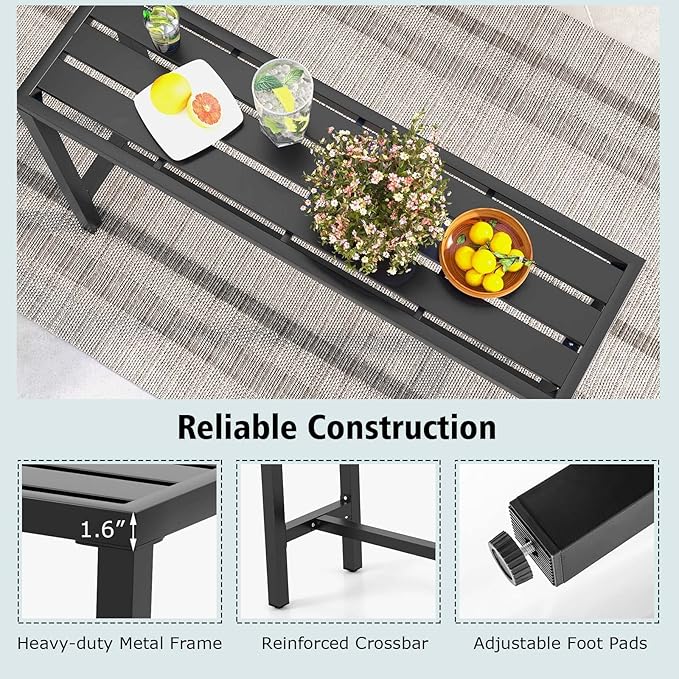 COSTWAY Outdoor Bar Table 55-inch Wide, Narrow Counter Height Dining Table with Waterproof Top and Heavy-Duty Metal Frame, Rectangular Pub Table for Garden Patio Backyard Poolside, Black