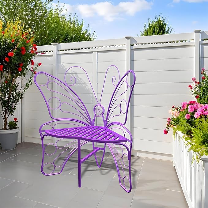 Butterfly Shaped Outdoor Bench, Purple Garden Bench with Sturdy Stable Metal Frame - Photo 4