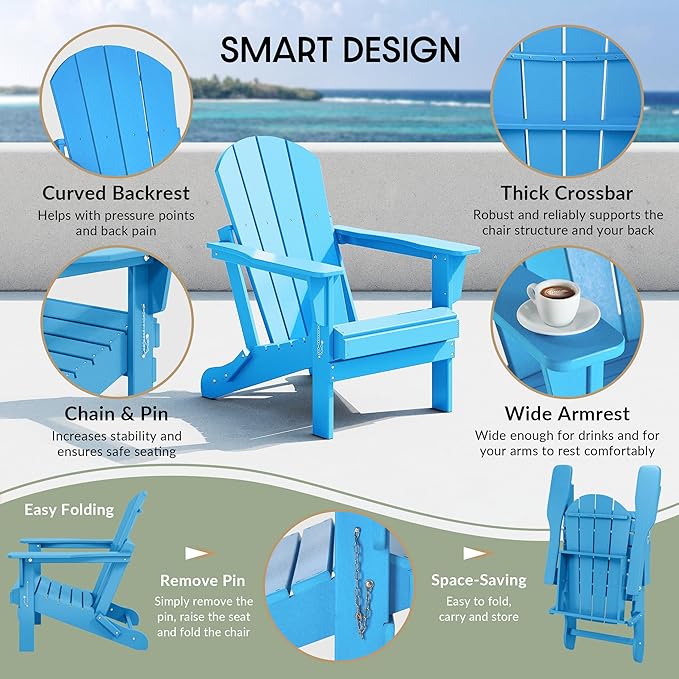 WestinTrends Malibu HDPE Outdoor Patio Folding Poly Adirondack Chair, Pacific Blue