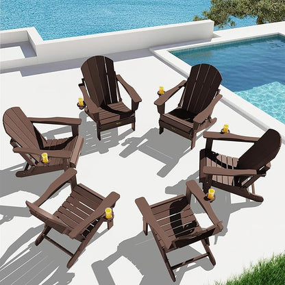 SERWALL Folding Adirondack Chair Set of 6, Weather Resistant HIPS Lawn Chairs with Cup Holder for Backyard, Garden (Folding Coffee)