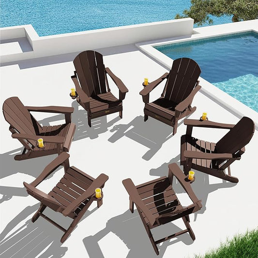 SERWALL Folding Adirondack Chair Set of 6, Weather Resistant HIPS Lawn Chairs with Cup Holder for Backyard, Garden (Folding Coffee)