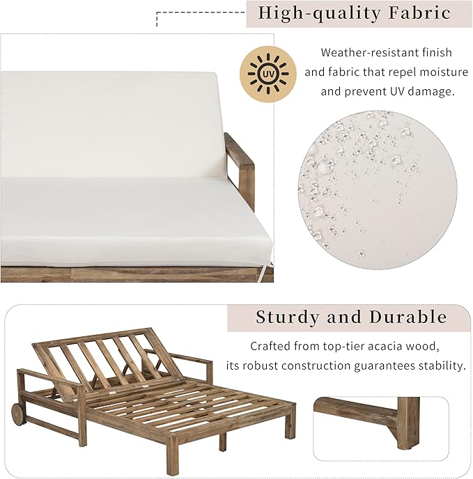 Farmhouse Wooden Outdoor Sunbed, Ultimate Relaxation Patio Daybed Seating with Adjustable Backrest and Movable Wheels - Photo 7