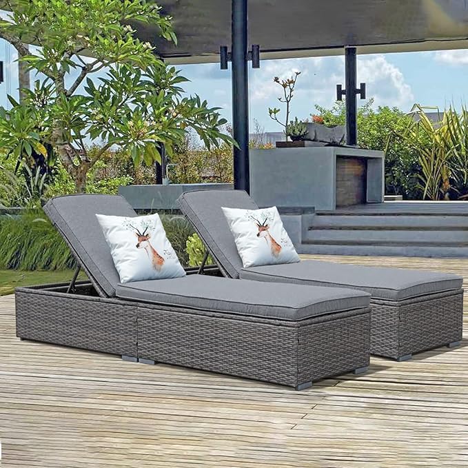 JOIVI Outdoor Chaise Lounge Chairs, 2 Pieces Gray Wicker Patio Lounge Chair Set of 2 with 5-Position Adjustable Backrest - Photo 1