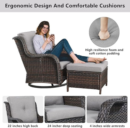 Belord Wicker Patio Furniture Sets - 8 Piece Rattan Outdoor Furniture Conversation Sets with 4 Swivel Rocker Chairs, Rattan Sofa, Wicker Ottomans and Coffee Table, Brown/Grey