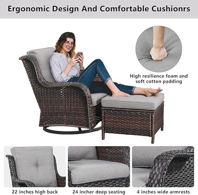 Belord Outdoor Swivel Chairs Set of 2, Patio Wicker Rocker Chairs with Ottomans - Photo 8
