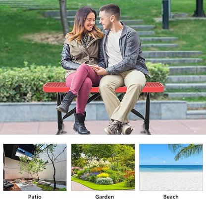 4FT Metal Park Bench for Outside, All-Weather Thermoplastic Coating Outdoor Bench with Anchor, Commercial Heavy Duty Benches for Shopping Malls, Stores, Parks, Patios, Decks, Red
