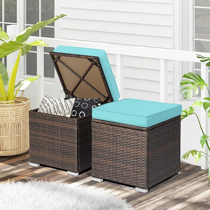 RELAX4LIFE Wicker Outdoor Storage Ottoman, 2-Piece Rattan Footstool w/Removable Cushion - Photo 9