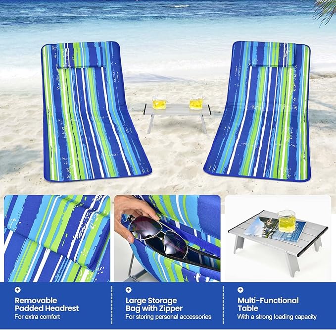 Giantex Beach Chairs for Adults 2 Pack Set with Side Table, 5 Position Adjustable Folding Lawn Chair for Sunbathing - Photo 5