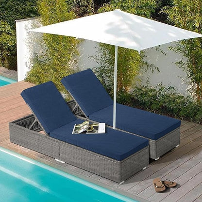 JOIVI Outdoor Patio Chaise Lounge Chairs Set of 2, PE Wicker Patio Pool Lounge Chairs Furniture, Pool Lounger Gray Rattan Adjustable Backrest with Removable Navy Blue Cushion, 250lb Weight Capacity