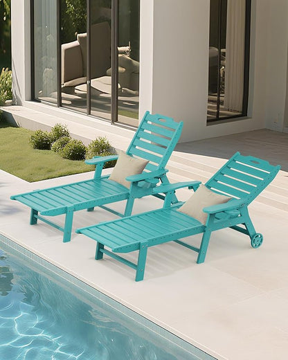 Carauci Lounge Chair Outdoor, HDPE Chaise Lounge with Wheels, 5-Position Adjustable Backrest & 2 Cup Holders Patio Lounge Chair, All-Weather Pool Sun Lounger for Poolside, Backyard, Lake Blue