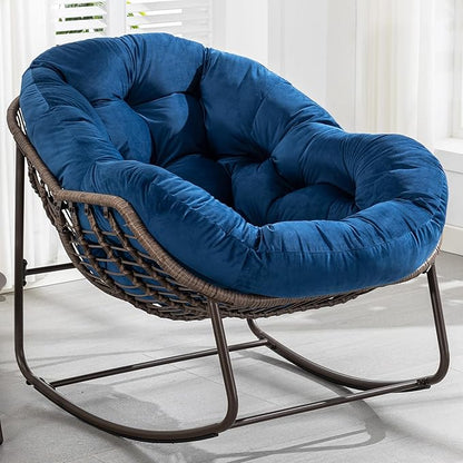 HOMEFUN Outdoor Patio Rocking Chairs, Oversized Papasan Rock Chair Indoor with Velvet Padded Cushion - Rocker Egg for Front Porch, Garden, Backyard Navy