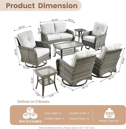 HOOOWOOO Patio Furniture Set,8 Pieces Outdoor Conversation Set,All Weather Wicker Loveseat Sofa Set with High Back Swivel Rocking Chairs Tables,Light Gray