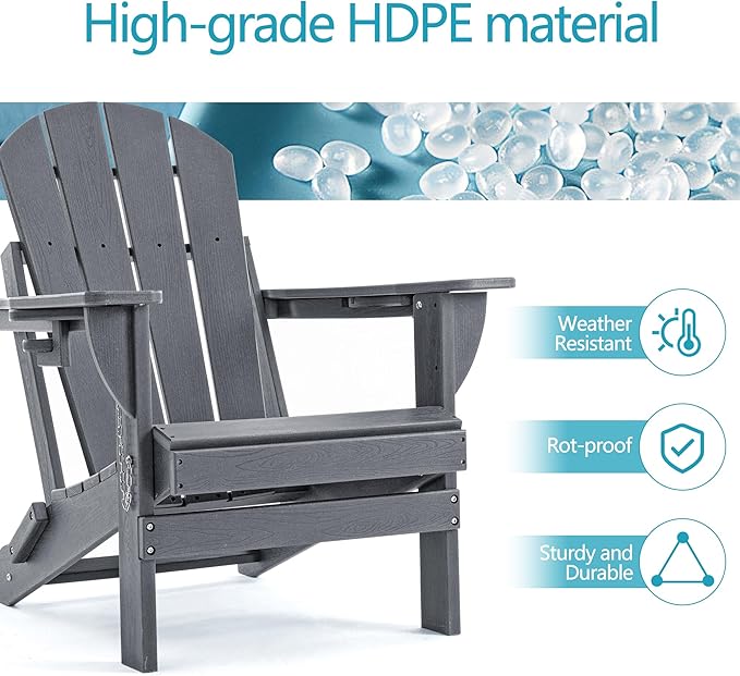 Folding Outdoor Adirondack Chairs Set of 1 with HDPE Side Tables-Plastic Weather Resistant Patio Chairs with Small Outdoor Side Tables 2 Storage for Patio,Fire Pit, Garden and Backyard
