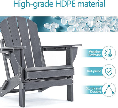 Folding Outdoor Adirondack Chairs Set of 1 with HDPE Side Tables-Plastic Weather Resistant Patio Chairs with Small Outdoor Side Tables 2 Storage for Patio,Fire Pit, Garden and Backyard