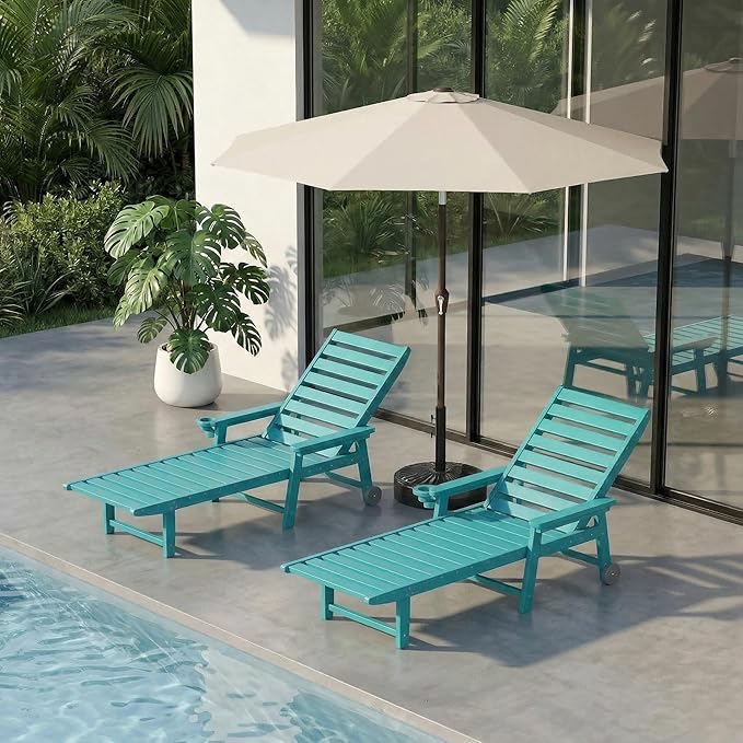 5-Position Adjustable Lounge Chair Outdoor Set of 2 with Umbrella, HDPE Outdoor Chaise Lounge with Cup Holder & Wheels, Pool Lounge Chairs for Poolside, Beach, Deck, Aruba Blue