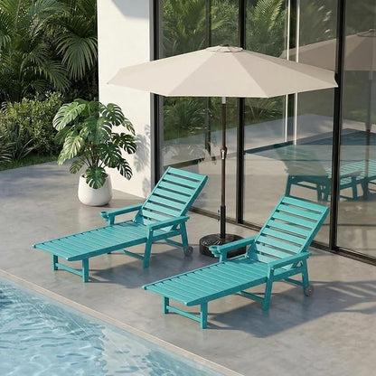 5-Position Adjustable Lounge Chair Outdoor Set of 2 with Umbrella, HDPE Outdoor Chaise Lounge with Cup Holder & Wheels, Pool Lounge Chairs for Poolside, Beach, Deck, Aruba Blue
