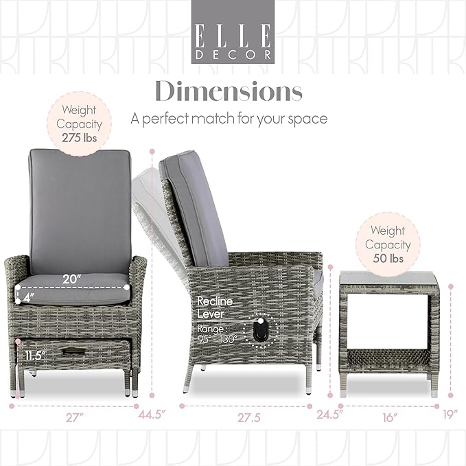Elle Decor Vallauris Patio Outdoor Furniture Collection Premium All Weather Wicker, 5 Piece Reclining Set, Gray - Photo 2