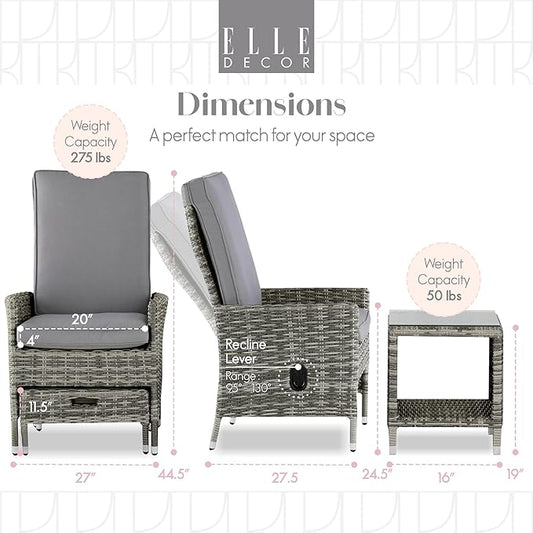 Elle Decor Vallauris Patio Outdoor Furniture Collection Premium All Weather Wicker, 5 Piece Reclining Set, Gray