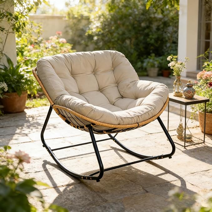 FLEXISPOT Papasan Rocking Chair with Thick Cushion, Indoor Outdoor Lounge Accent Chair with Sturdy Metal Frame Base, Cozy Reading Rocker for Living Room, Bedroom, Balcony-Beige