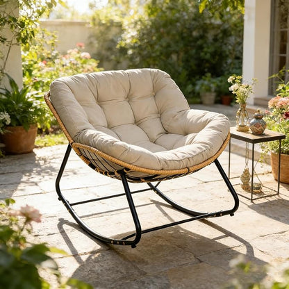 FLEXISPOT Papasan Rocking Chair with Thick Cushion, Indoor Outdoor Lounge Accent Chair with Sturdy Metal Frame Base, Cozy Reading Rocker for Living Room, Bedroom, Balcony-Beige