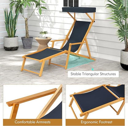 Giantex Lounge Chair Outdoor, Foldable Beach Chaise Lounge with Adjustable Canopy, Replacement Fabric, Wood Frame, Reclining Backrest & Footrest, Camping Chair for Patio, Poolside, Beach (1, Navy)