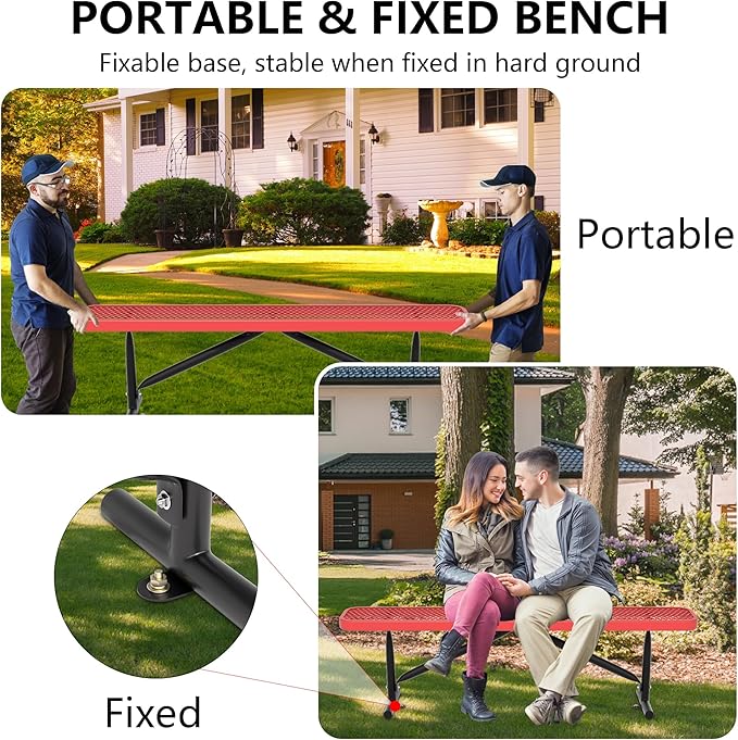 8 Ft Metal Park Benches for Outside, Outdoor Backless Bench with Thermoplastic Coating, Portable Frame, Commercial Expanded Metal Mesh Bench for Shopping Mall, Store, Park, Patio, Deck, Red