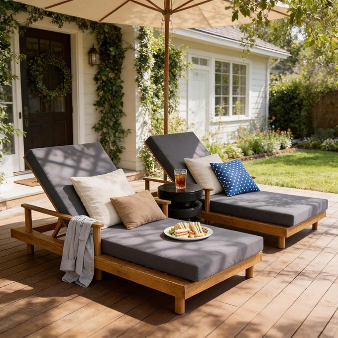 Merax Acacia Wood Outdoor Chaise Lounge Chair with 3-Position Adjustable Back & 4" Thick Removable Dark-Grey Cushion, 400lbs Capacity, Modern Large Patio Sun Lounger for Patio Garden Pool