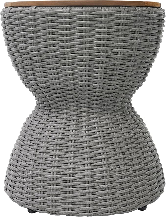 Christopher Knight Home Denhill 15.25" Outdoor Side Table, Round Patio End Table with Wood Top and Wicker Base, Small Outdoor Coffee Table for Balcony Garden, Accent Garden Stool, Grey+Natural