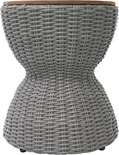 Christopher Knight Home Denhill 15.25" Outdoor Side Table, Round Patio End Table with Wood Top and Wicker Base, Small Outdoor Coffee Table for Balcony Garden, Accent Garden Stool, Grey+Natural
