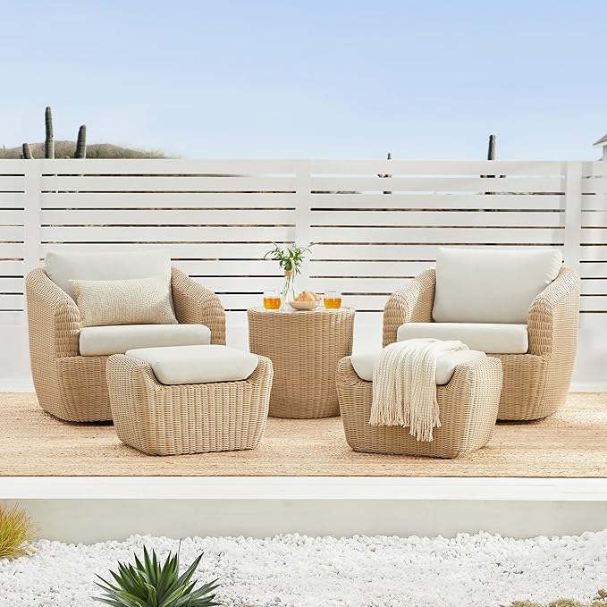 CHITA 5 Pieces Patio Wicker Furniture Set, Outdoor Rattan Bistro Set with Removable Thickened Cushions, Fully Assembled(Beige Cushions with Light Brown Wicker)
