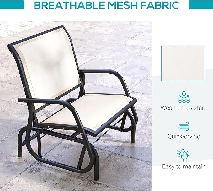 Outsunny Porch Glider, Metal Frame Swing Glider Chair with Breathable Mesh Fabric, Curved Armrests and Steel Frame for Garden, Poolside, Backyard, Balcony, Cream White