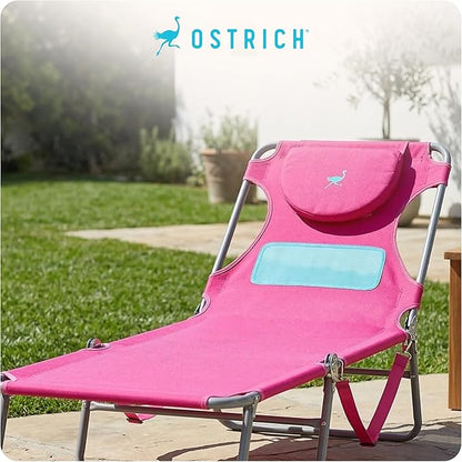 Ostrich the Ladies Comfort Lounger with Chest Support, Foldable and Portable Reclining Outdoor Patio Beach Lawn Camping Pool Tanning Chair, Pink