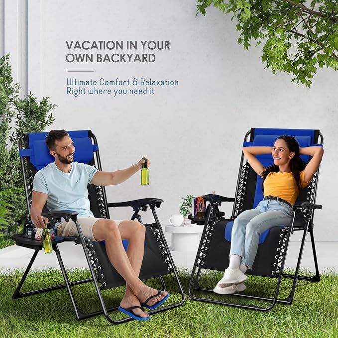 Nestl Outdoor Padded Zero Gravity Chair, Patio Lounge Chair Outdoor Recliner, Oversized Anti Gravity Lounger with Adjustable Headrest and Cup Holder, Foldable for Camping, Yard - Black/Blue