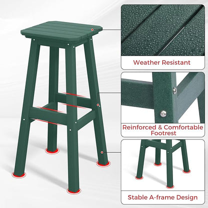 Costaelm 29" Height Outdoor Bar Stools, All-Weather Bar Stools, Adirondack Poly Patio Square Bar Stool for Patio, Deck, Kitchen Counter and Garden, Dark Green
