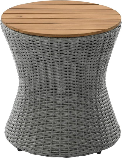 Christopher Knight Home Fenton 17.5" Outdoor Side Table, Round Patio End Table with Wood Top and Wicker Base, Small Outdoor Coffee Table for Balcony Garden Poolside, Accent Garden Stool, Grey+Natural