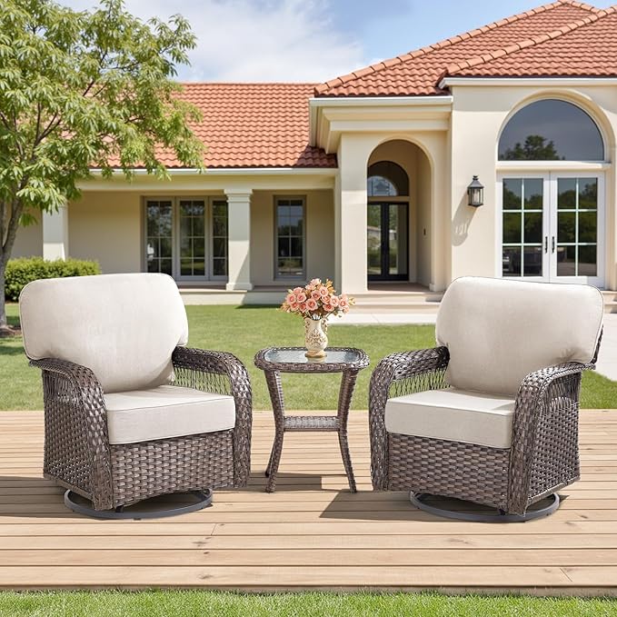 3 Pieces Patio Furniture Set with Swivel Chairs, All Weather Patio Wicker Chairs Swivel Rocker Rattan Side Table, Wicker Outdoor Furniture Set for Deck Porch Garden Backyard, Beige