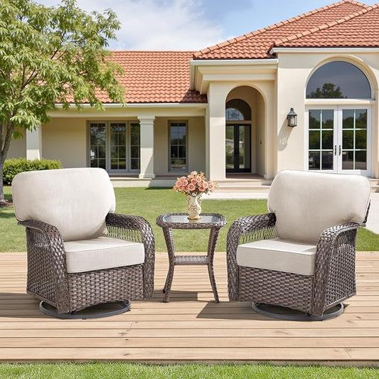 3 Pieces Patio Furniture Set with Swivel Chairs, All Weather Patio Wicker Chairs Swivel Rocker Rattan Side Table, Wicker Outdoor Furniture Set for Deck Porch Garden Backyard, Beige