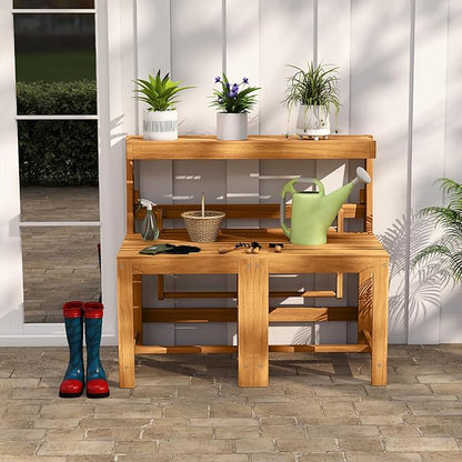 Tangkula 3-in-1 Outdoor Acacia Wood Loveseat Bench Furniture, Patio Table and Chairs Set with Plant Rack Design, for Garden, Porch and Backyard
