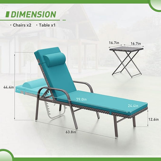 Kurapika Patio Chaise Lounge Set 3 Pieces Outdoor Lounge Chair, Rattan Reclining Chair Adjustable Backrest, Pool Sunbathing Recliners with Folding Table for Poolside Beach, Blue
