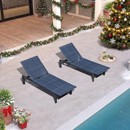 PURPLE LEAF Patio Oversized Chaise Lounge Rattan Chair Set of 2 Outdoor Pool Adjustable Recliner Wicker Chairs for Outside Woven Furniture Tanning Poolside Lounger Navy Blue
