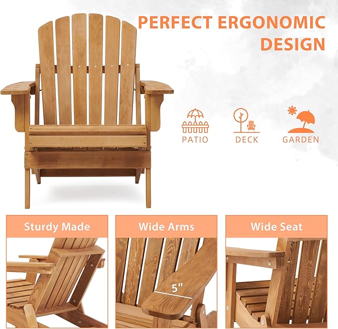 Oversized Wooden Folding Adirondack Chair with Pre-Assembled Backrest and Seat Board - Photo 5