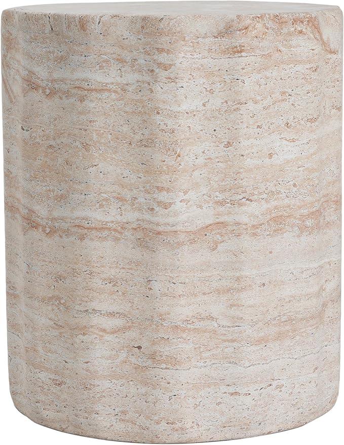 Outdoor Side Table Faux Marble End Table Faux Stone Side Tables Travertine Small Coffee Tables for Indoor Outdoor, Garden Stool Plant Stand for Porch, Backyard Patio, Cylindrical