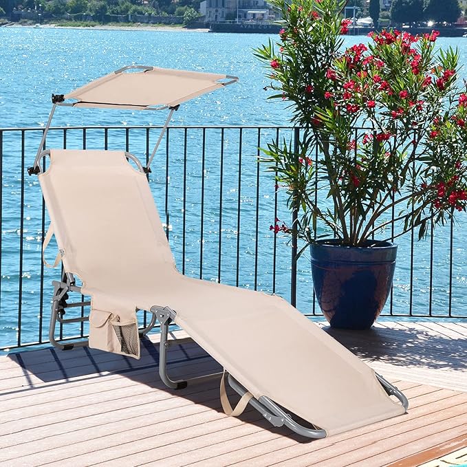 Goplus Tanning Chair, Foldable Beach Lounge Chair with 360°Canopy Sun Shade, Side Pocket - Photo 2