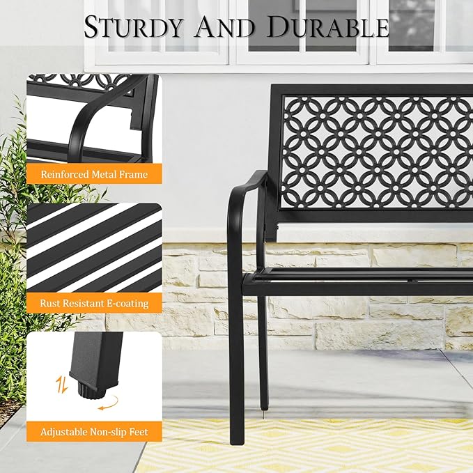 ONBRILL 50" Outdoor Bench, Garden Benches with Galvanized Metal Frame, Front Porch Bench with Floral Backrest - Photo 6