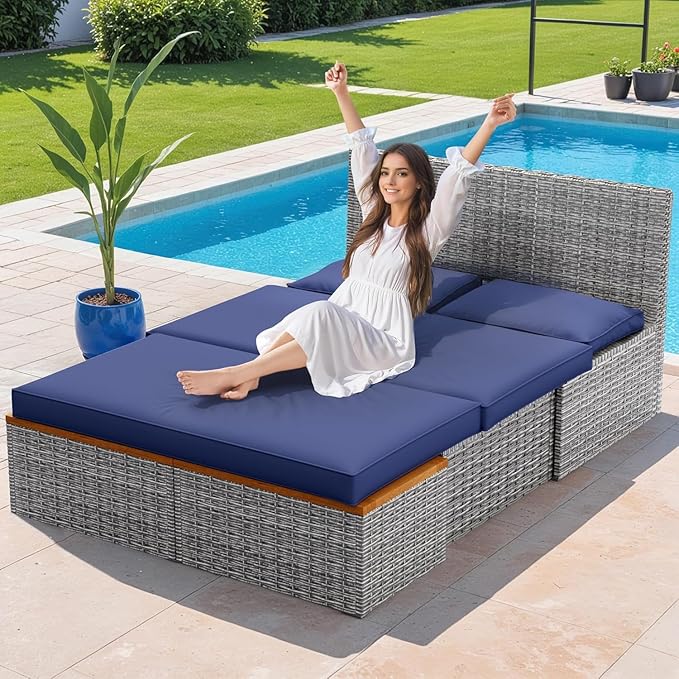 Devoko Patio Day Bed Outdoor Daybed Set Multifunctional Rattan Lounge Bed with 2 Side Tables for Backyard Porch - Photo 3
