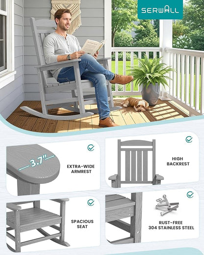 SERWALL HDPE Outdoor Rocking Chair Set of 2, Oversized Patio Rocking Chairs, All-Weather Porch Rockers for Adults, Light Gray